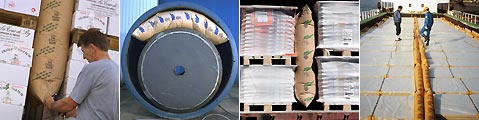 BATES貨櫃充氣防撞袋業界實際使用圖--不單單使用在貨櫃內部，也可以在桶型貨物內部放置貨櫃充氣防撞袋，或是貨船上多餘空間填塞，減少碰撞