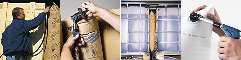 BATES貨櫃充氣防撞袋操作圖，可以廣泛使用在貨櫃內部，使用在各式不同規格種類貨物彼此之間的緩衝固定保護
